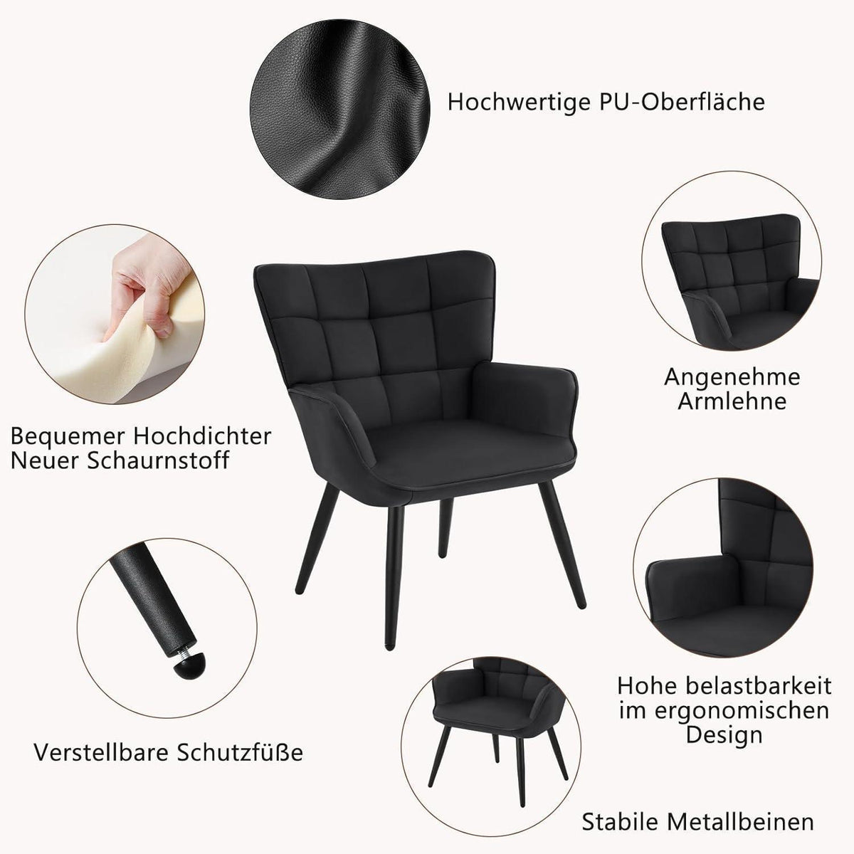 2er Set Ohrensessel Wohnzimmer Schwarz - Skandinavischer Stil