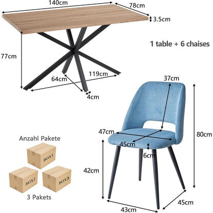 Moderner Esstisch Set mit 6 Cord-Stühlen (140x80cm)