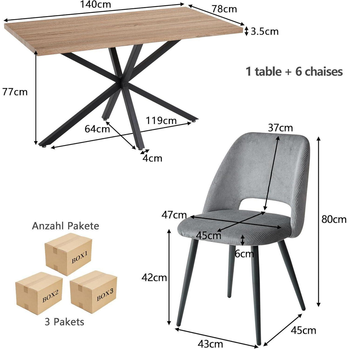 Esstisch Set mit 6 Cord-Stühlen – Modern & Komfortabel