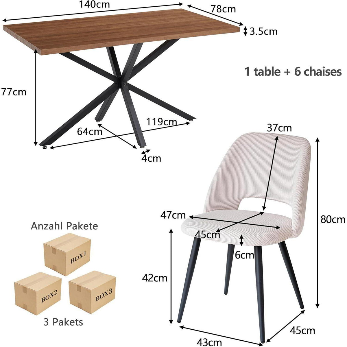Esstisch Set mit 6 Cord-Stühlen – Modernes Esszimmer-Ensemble