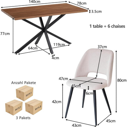 Esstisch Set mit 6 Cord-Stühlen – Modernes Esszimmer-Ensemble