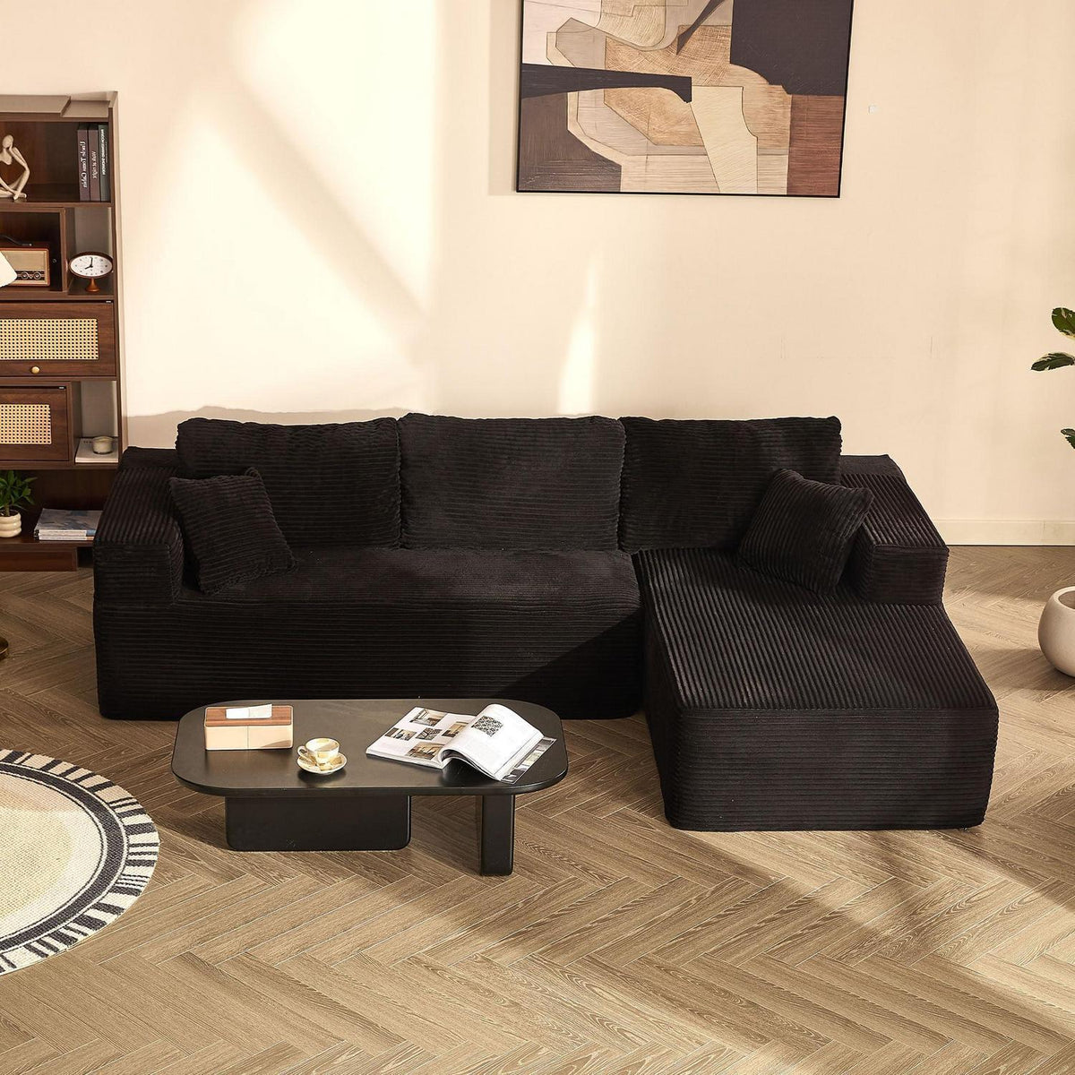 Modulares Schlafsofa L-Form Schwarz mit Recamiere rechts