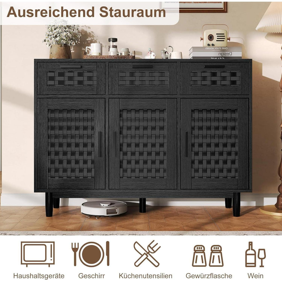 Boho Sideboard Schwarz 108x40x80cm – 3 Schubladen & 3 Türen