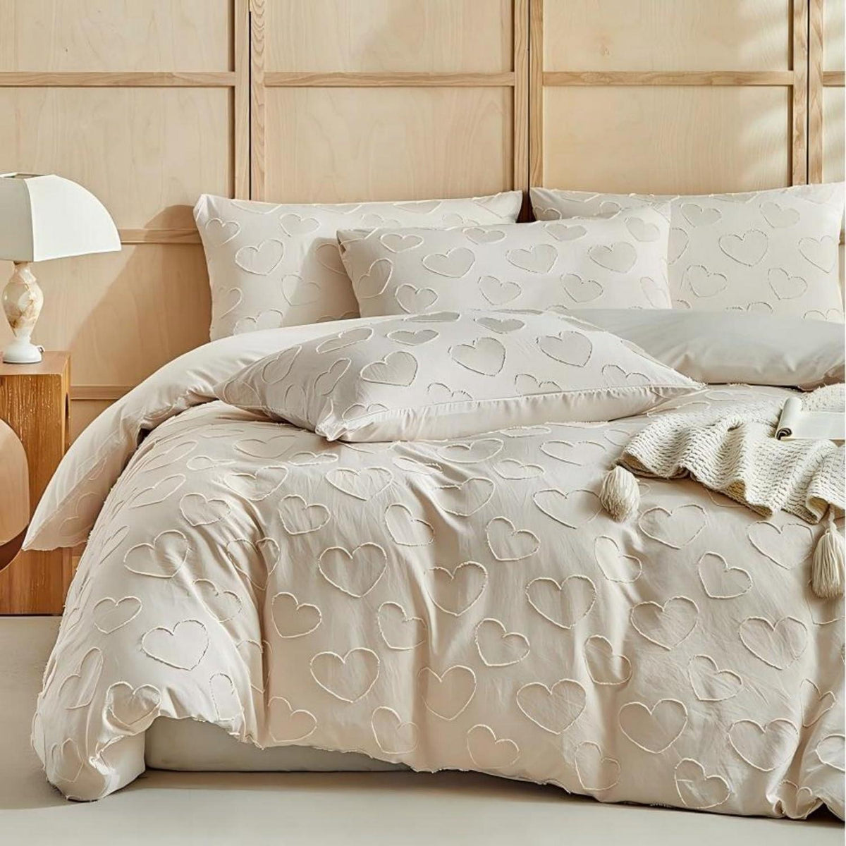 Bettwäsche-Set Boho Beige mit Herz-Stickerei 155x220cm