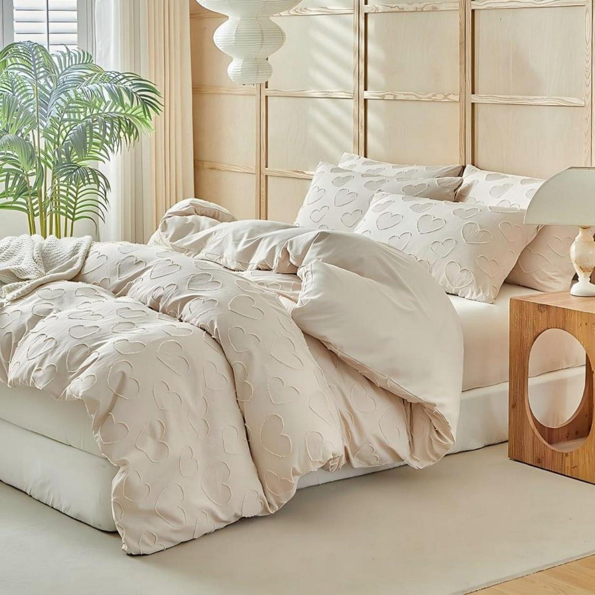 Bettwäsche-Set Boho Beige mit Herz-Stickerei 155x220cm