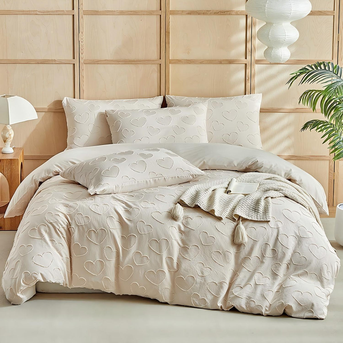 Bettwäsche-Set Boho Beige mit Herz-Stickerei 155x220cm
