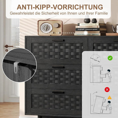 Kommode 6 Schubladen Holz Schwarz 115x40x80cm Flechtoptik