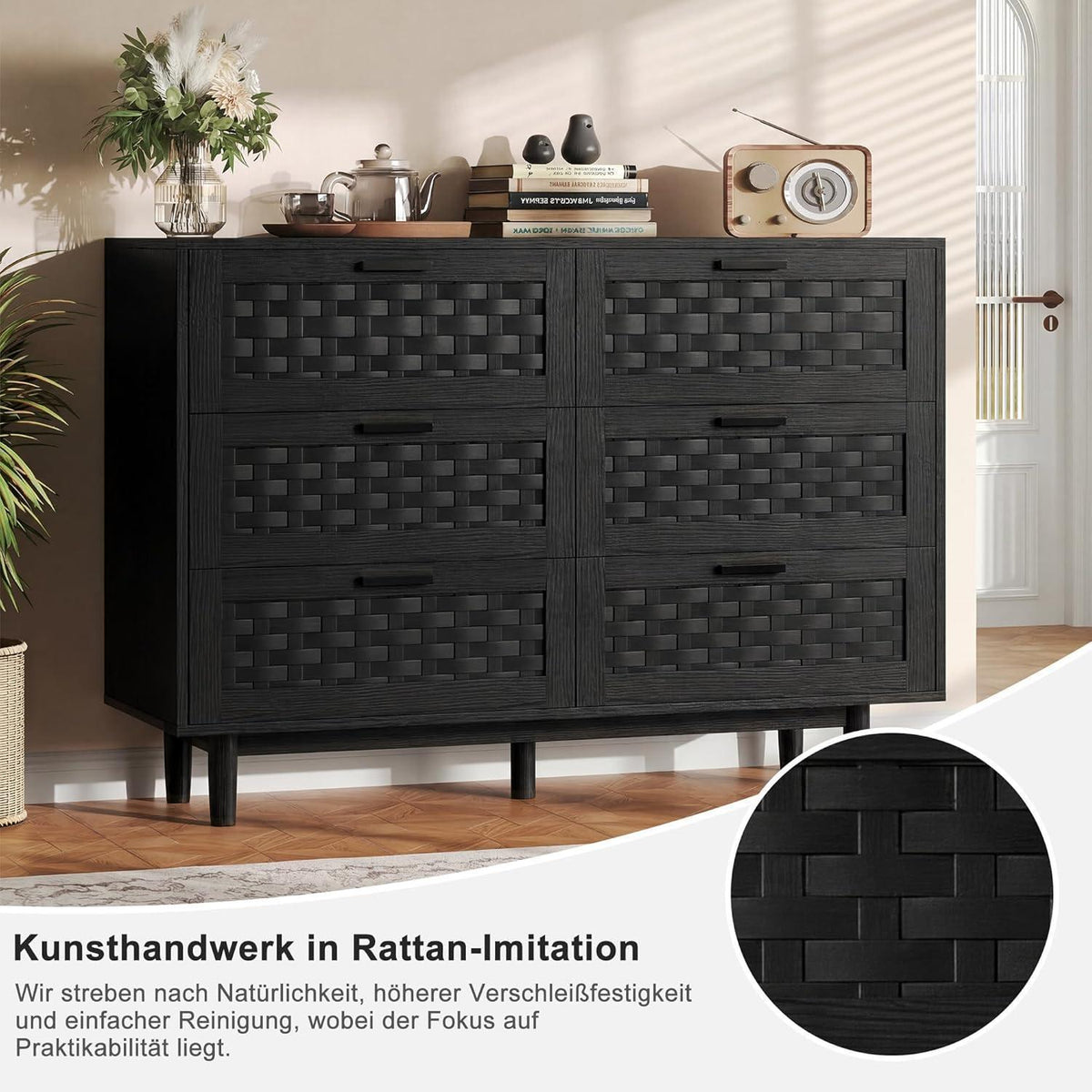 Kommode 6 Schubladen Holz Schwarz 115x40x80cm Flechtoptik