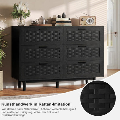 Kommode 6 Schubladen Holz Schwarz 115x40x80cm Flechtoptik