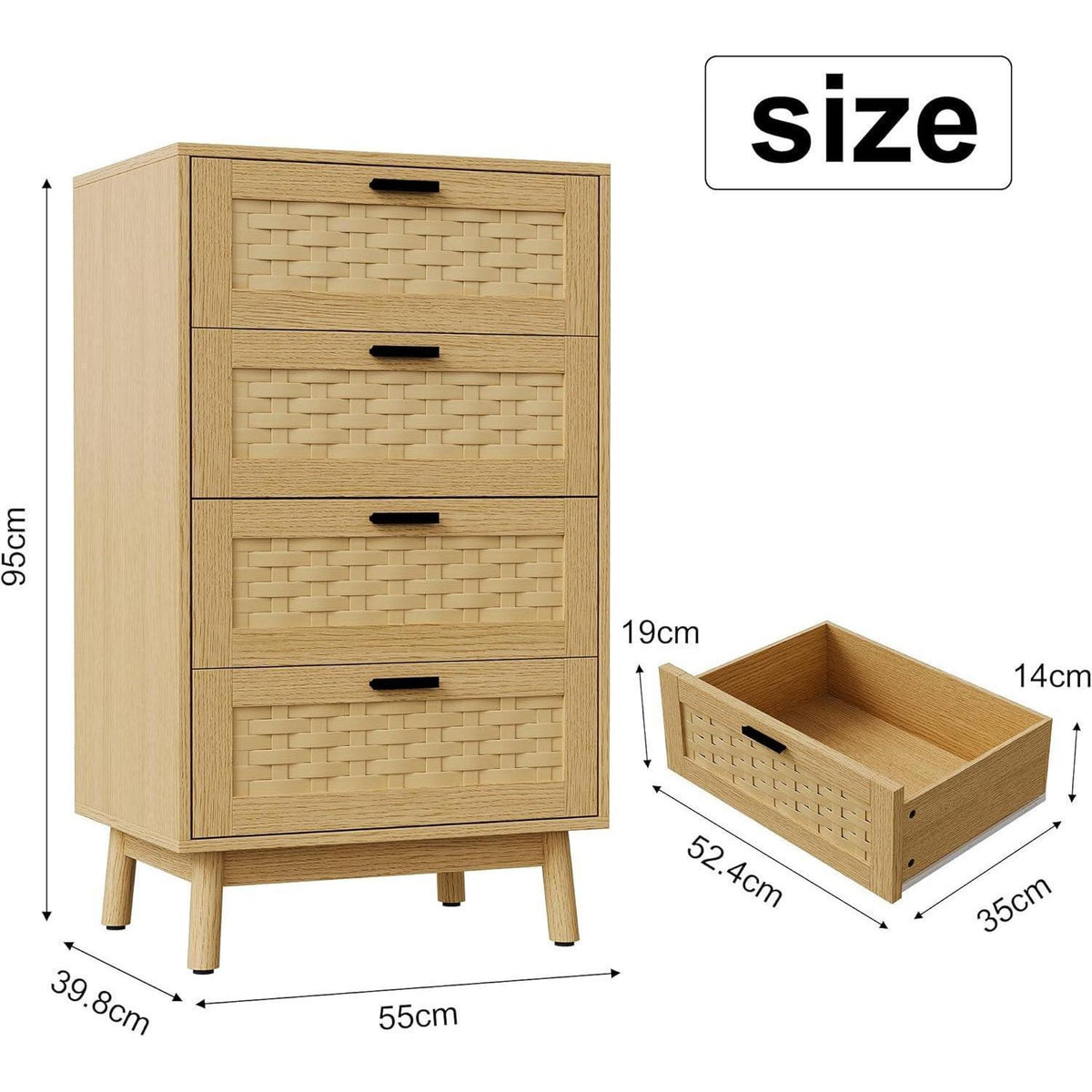 Kommode 4 Schubladen Holz – Flechtoptik, 55x40x95cm