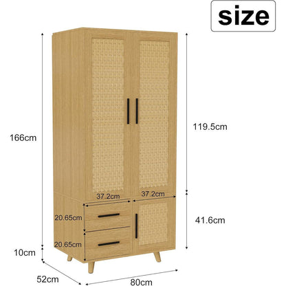Rattankleiderschrank mit Stange & 2 Schubladen – 80x52x176cm