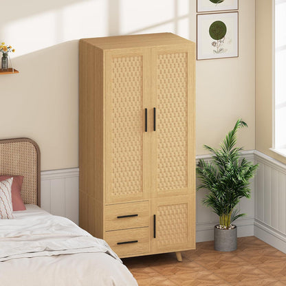 Rattankleiderschrank mit Stange & 2 Schubladen – 80x52x176cm
