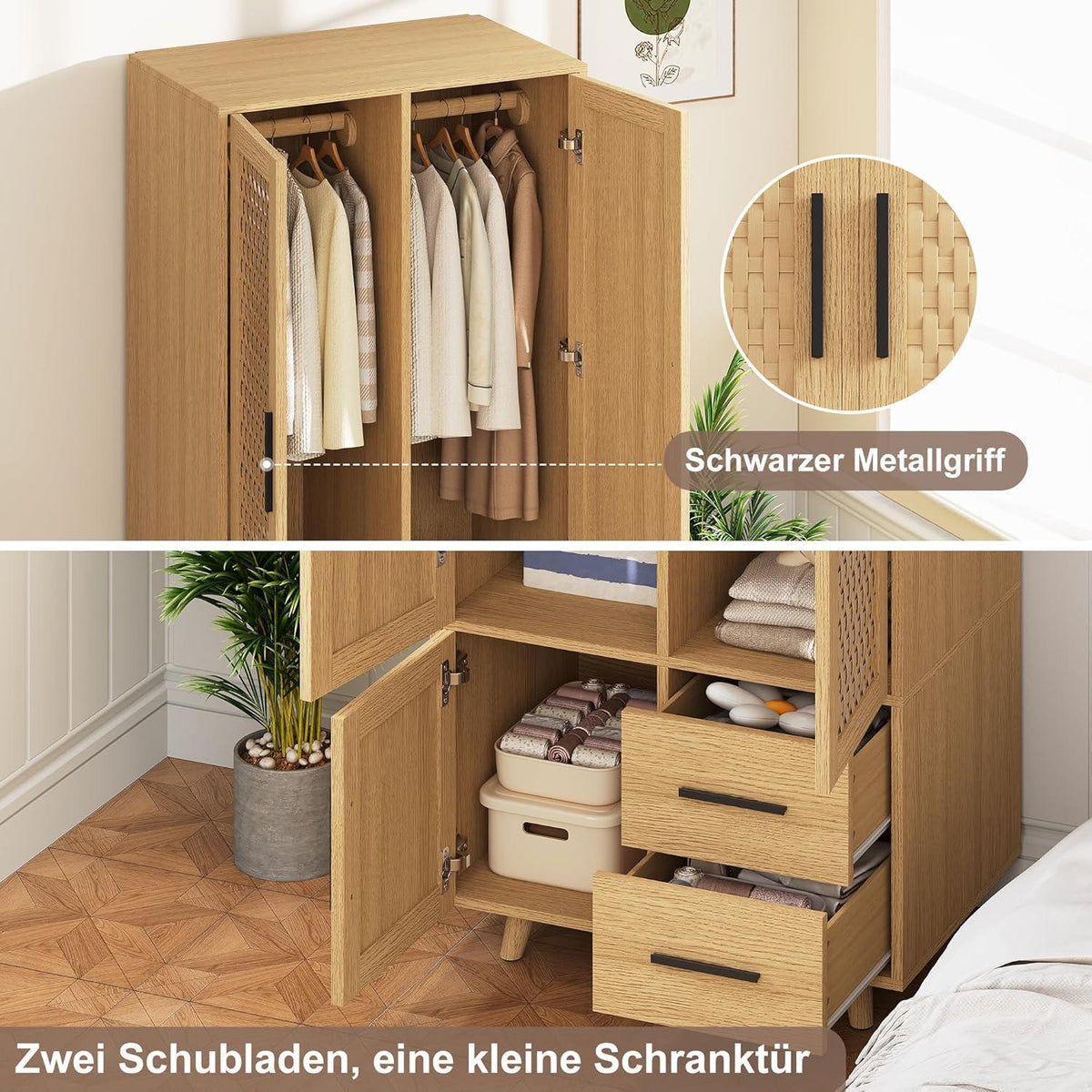 Rattankleiderschrank mit Stange & 2 Schubladen – 80x52x176cm