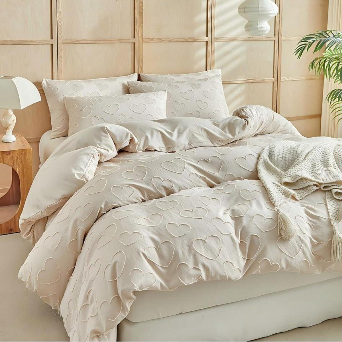 Bettwäsche-Set Boho Beige mit Herzstickerei 220x240cm