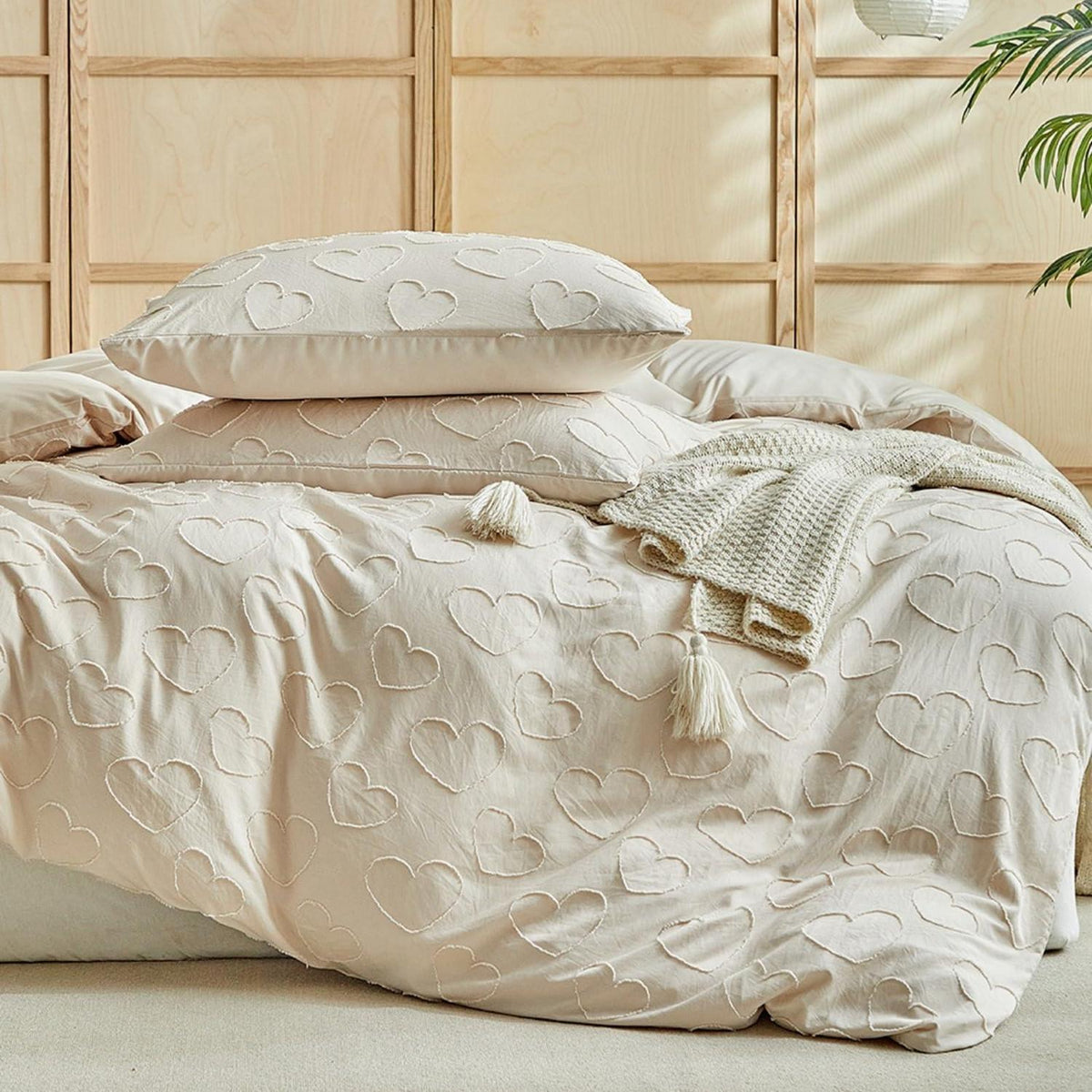 Bettwäsche-Set Boho Beige mit Herzstickerei 220x240cm