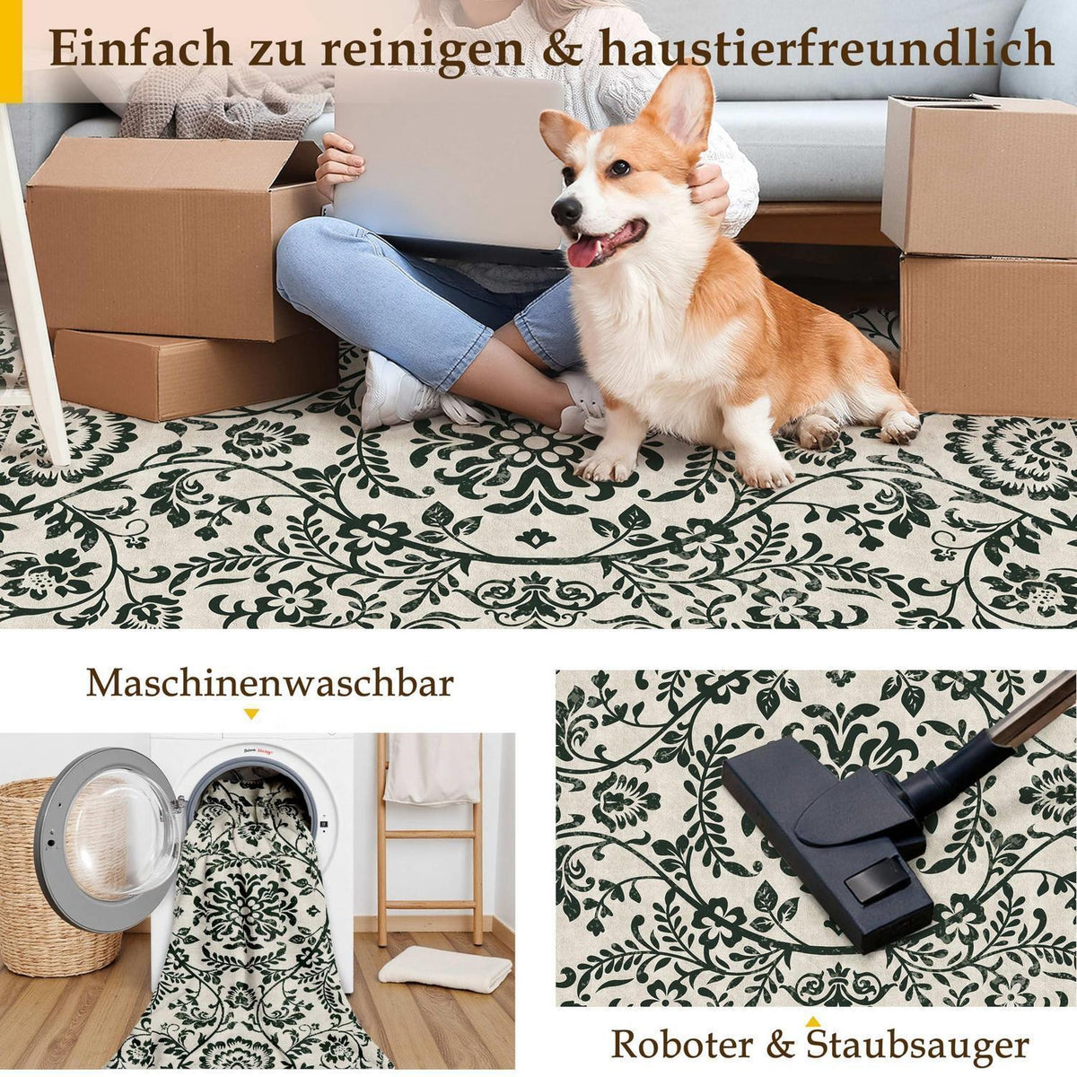 Vintage Teppich Schwarz 160x230cm – Waschbarer Wohnzimmerteppich
