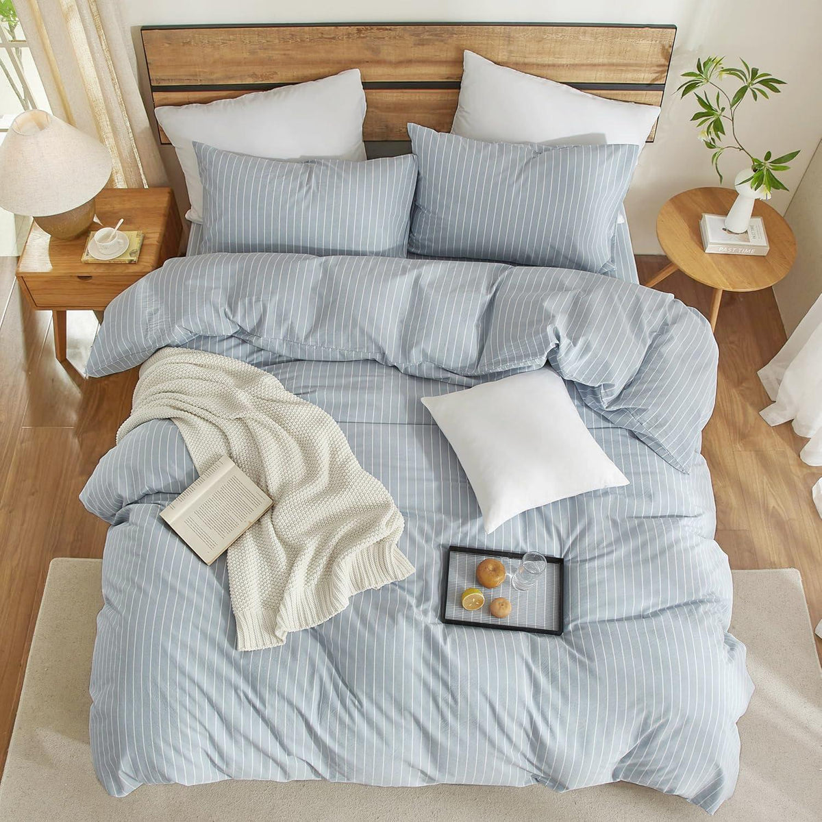 Baumwoll Bettwäsche Set gestreift blau weiß 200x220 cm