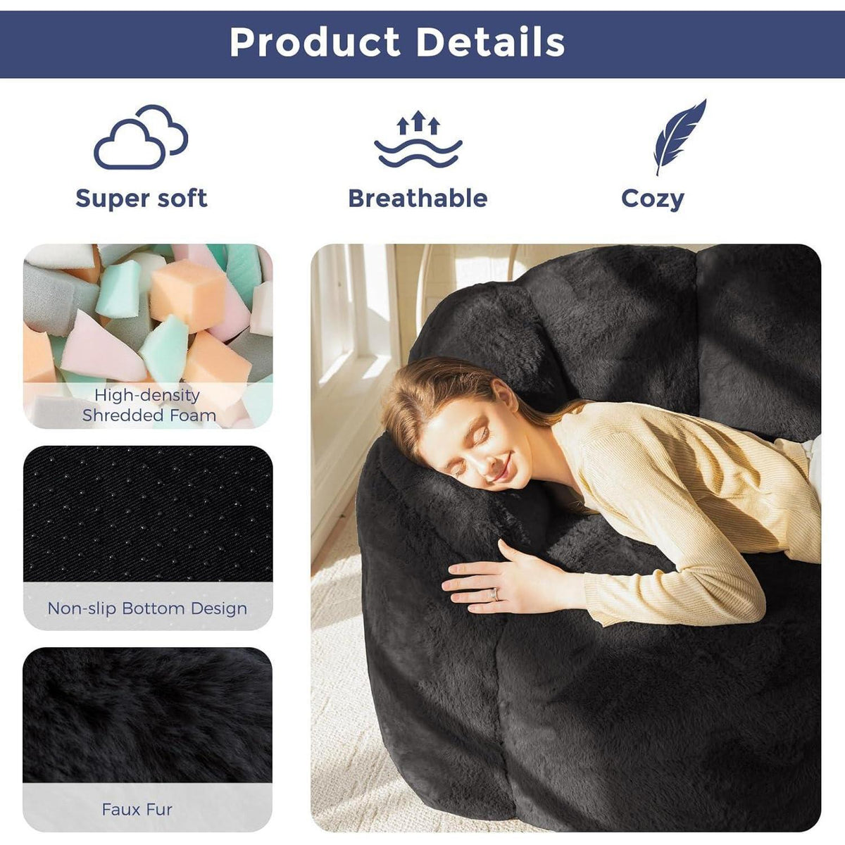 Floral Sitzsack mit Memory Foam – Bequemes Kunstfell Sofa