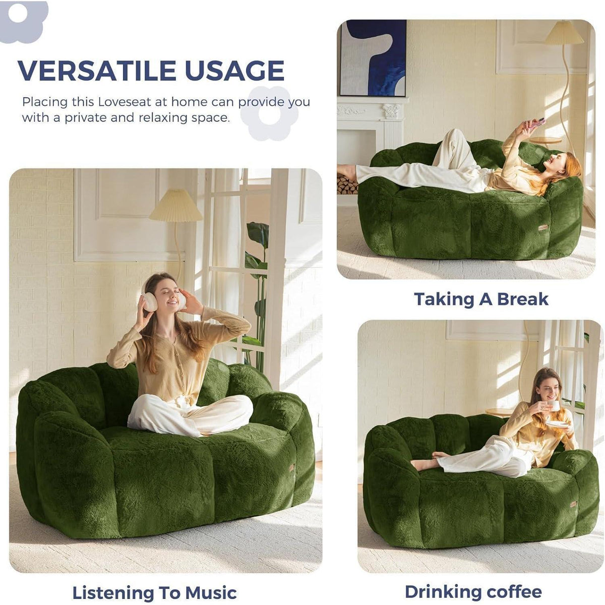 Floral Sitzsack mit Memory-Foam – Weiches Kunstfell Sofa 150x90x80