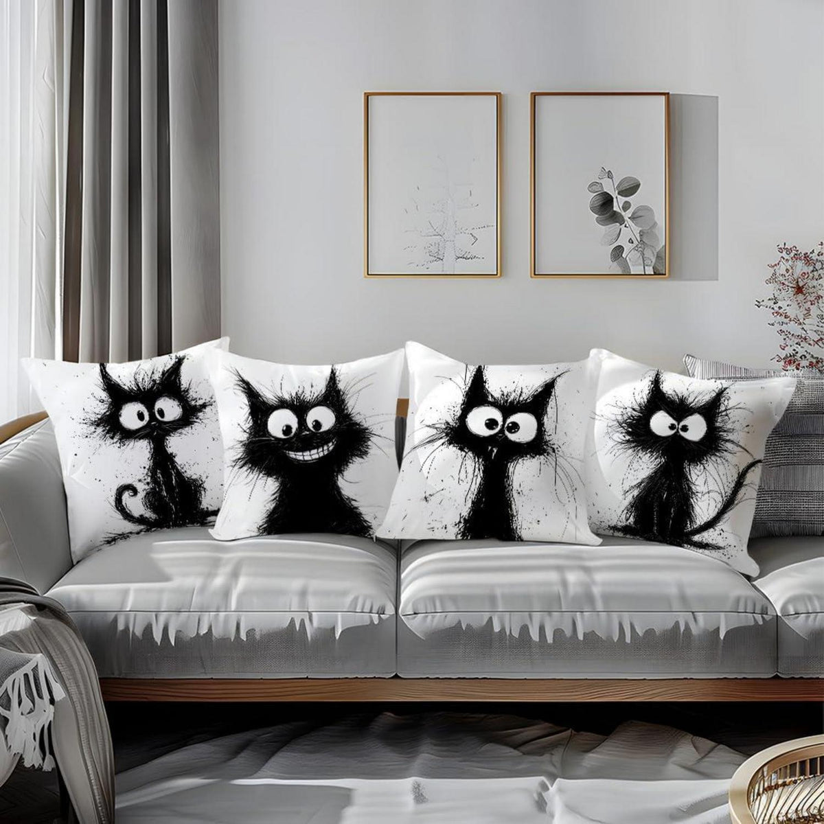 Katzen Kissenbezüge 4er Set – 40x40 cm, Schwarze Katze