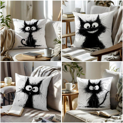 Katzen Kissenbezüge 4er Set – 40x40 cm, Schwarze Katze
