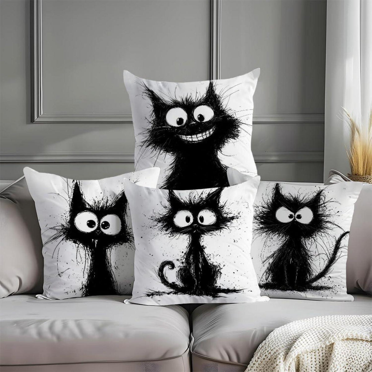 Katzen Kissenbezüge 4er Set – 40x40 cm, Schwarze Katze