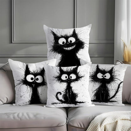 Katzen Kissenbezüge 4er Set – 40x40 cm, Schwarze Katze