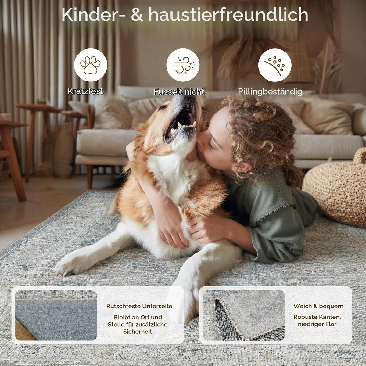 Waschbarer Wohnzimmerteppich Blau 200x300cm Vintage Design