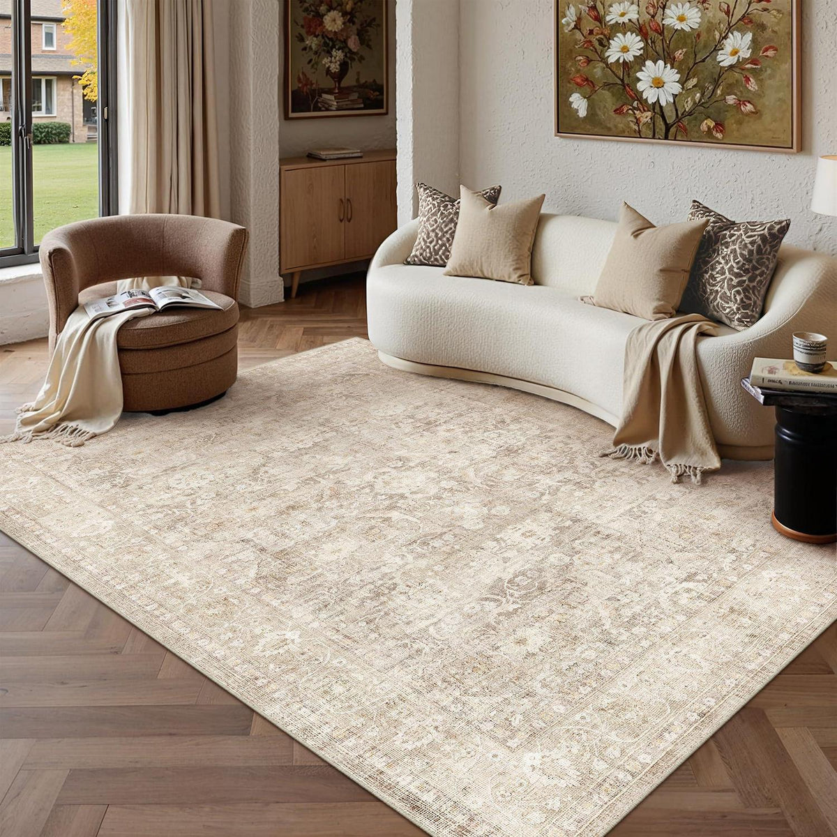 Beiger Wohnzimmerteppich 160x230cm – Waschbar & Rutschfest