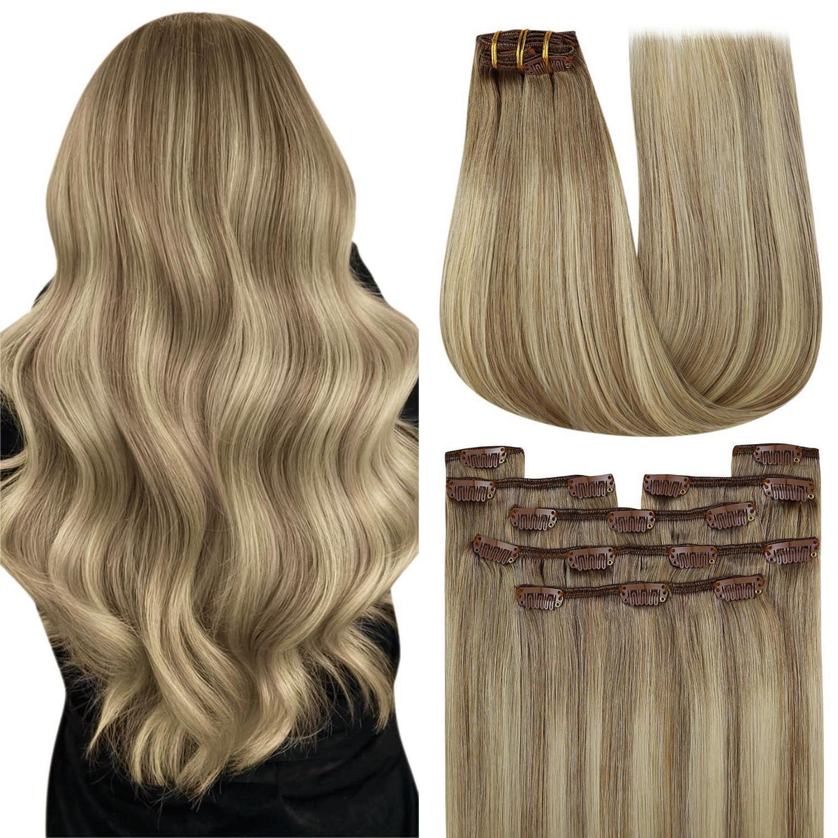 Echthaar Clip-Ins Ombre Hellbraun-Platinblond 60cm