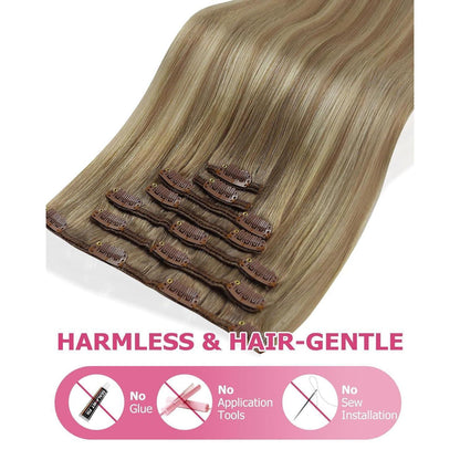 Clip-in Echthaar Extensions Balayage Hellbraun-Blond 60cm
