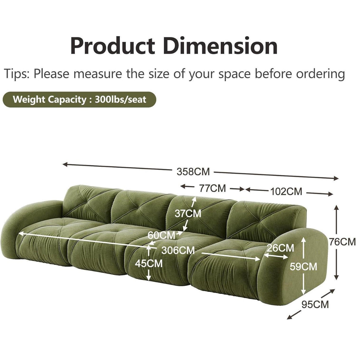 Modernes 4-Sitzer Cord Sofa Grün | Rahmenlos, Chenille, Komfort