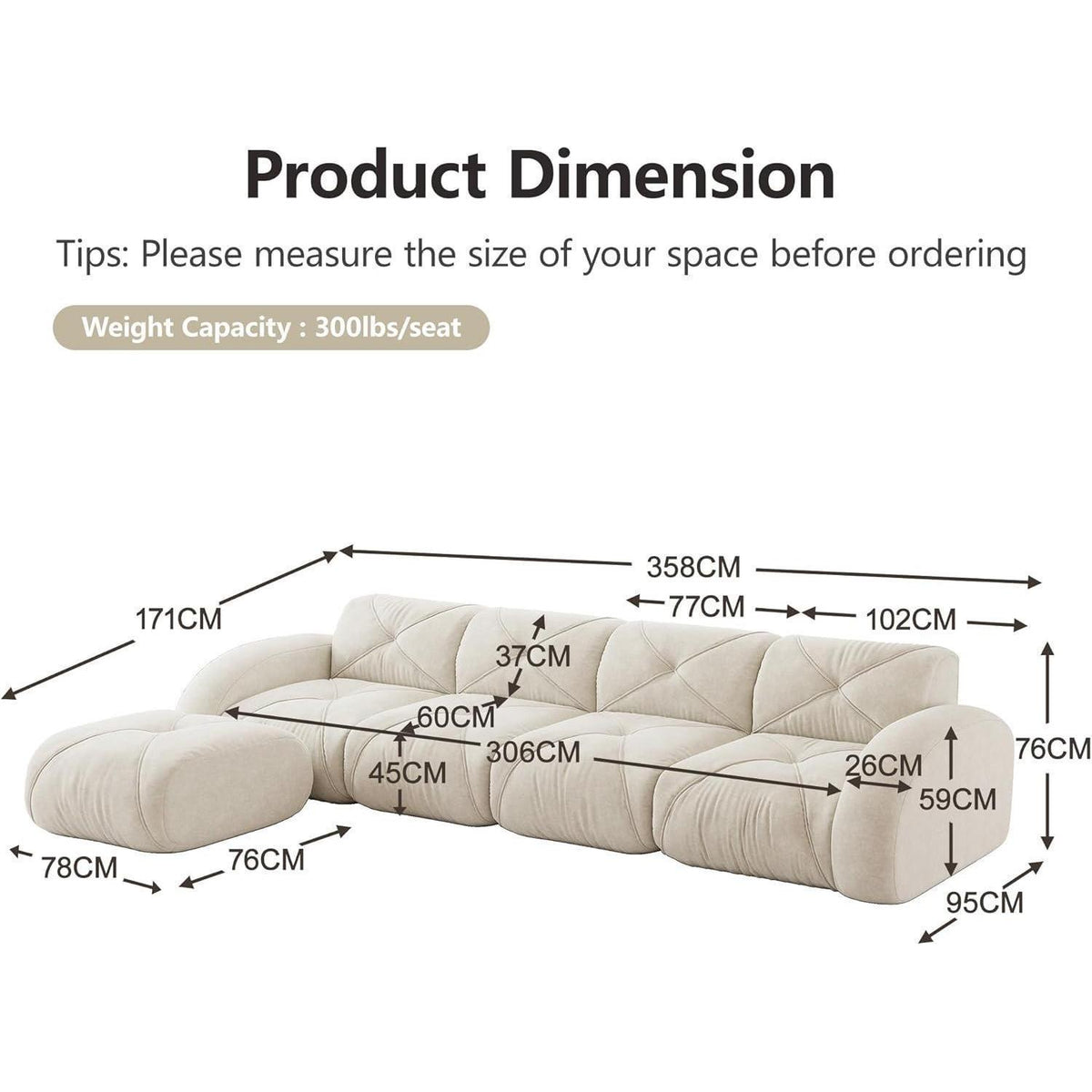 Modulares L-Sofa 4-Sitzer mit Fußhocker, Chenille Weiß