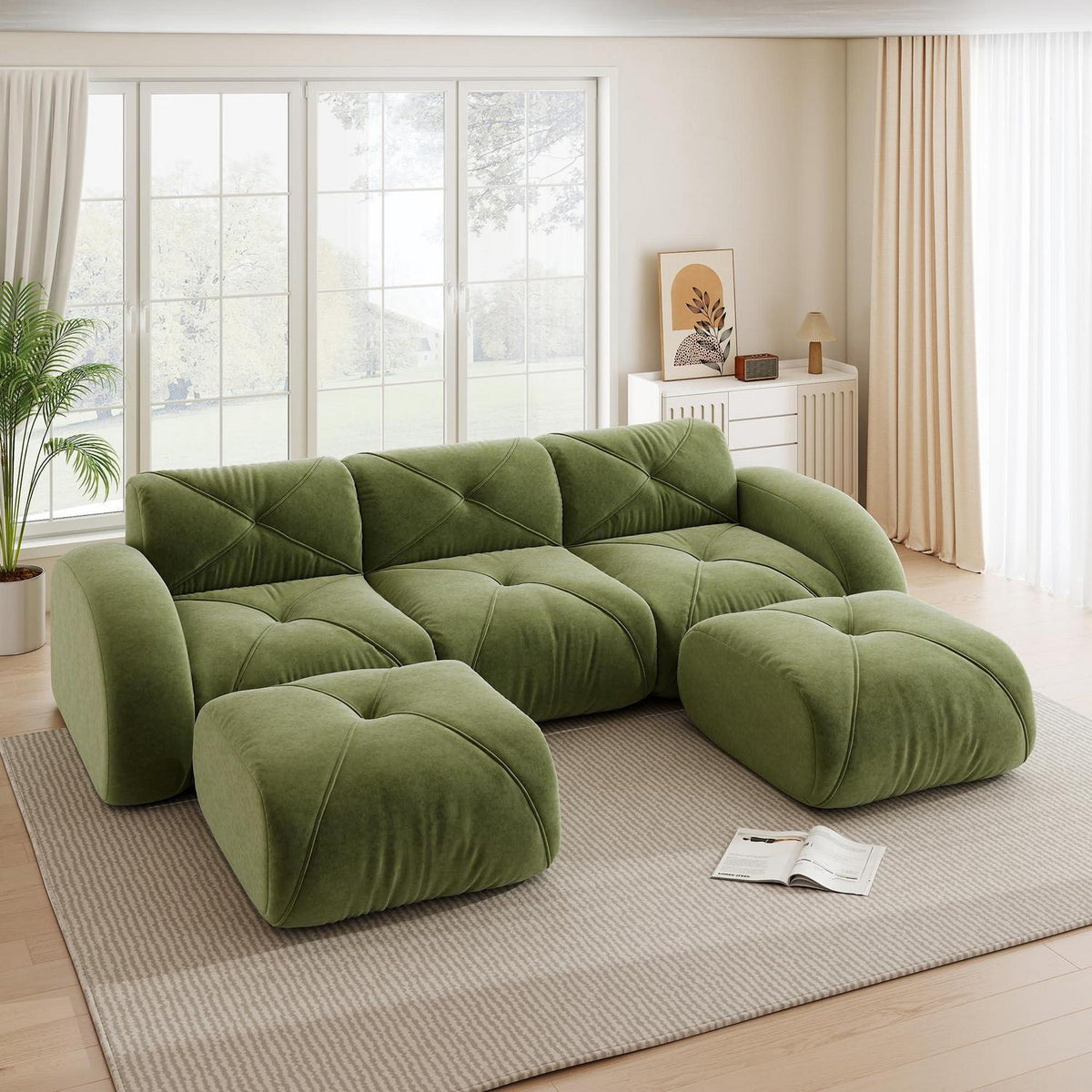 Großes U-förmiges Cord Sofa 3-Sitzer + 2 Fußhocker, Grün