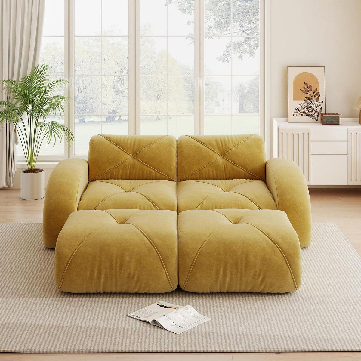 Gelbes 2-Sitzer-Sofa mit Fußhockern, Rahmenlos & Komfortabel