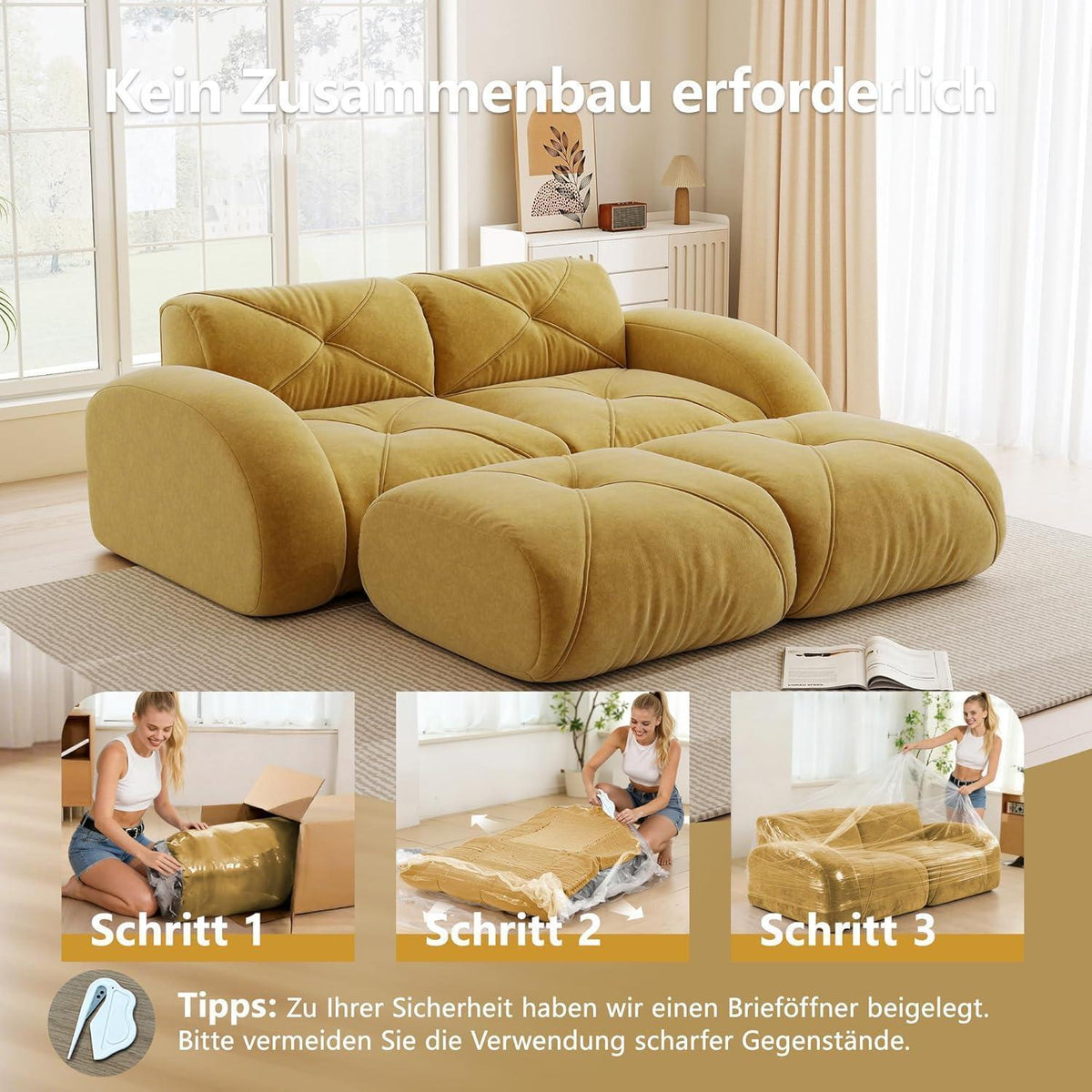Gelbes 2-Sitzer-Sofa mit Fußhockern, Rahmenlos & Komfortabel