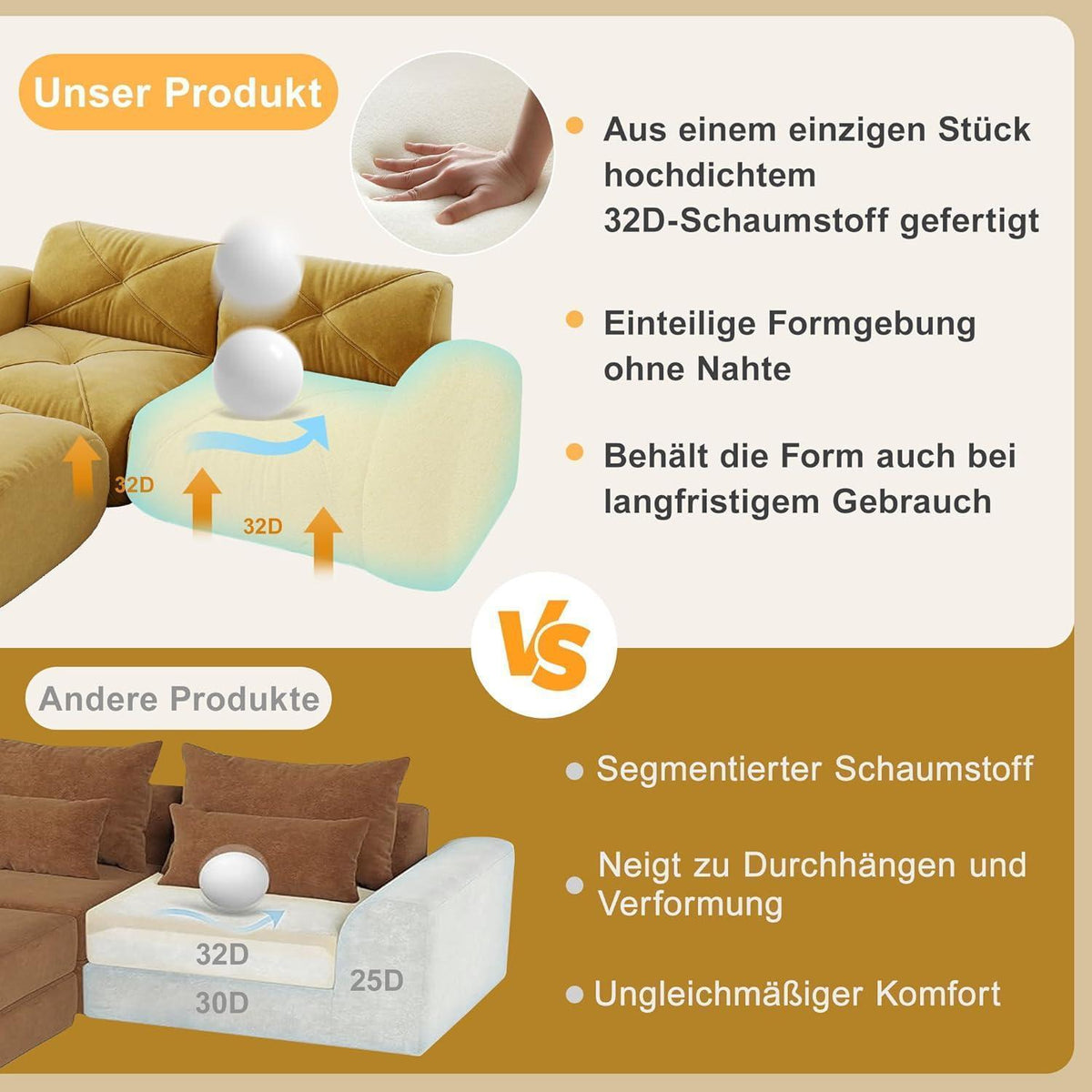 Gelbes 2-Sitzer-Sofa mit Fußhockern, Rahmenlos & Komfortabel