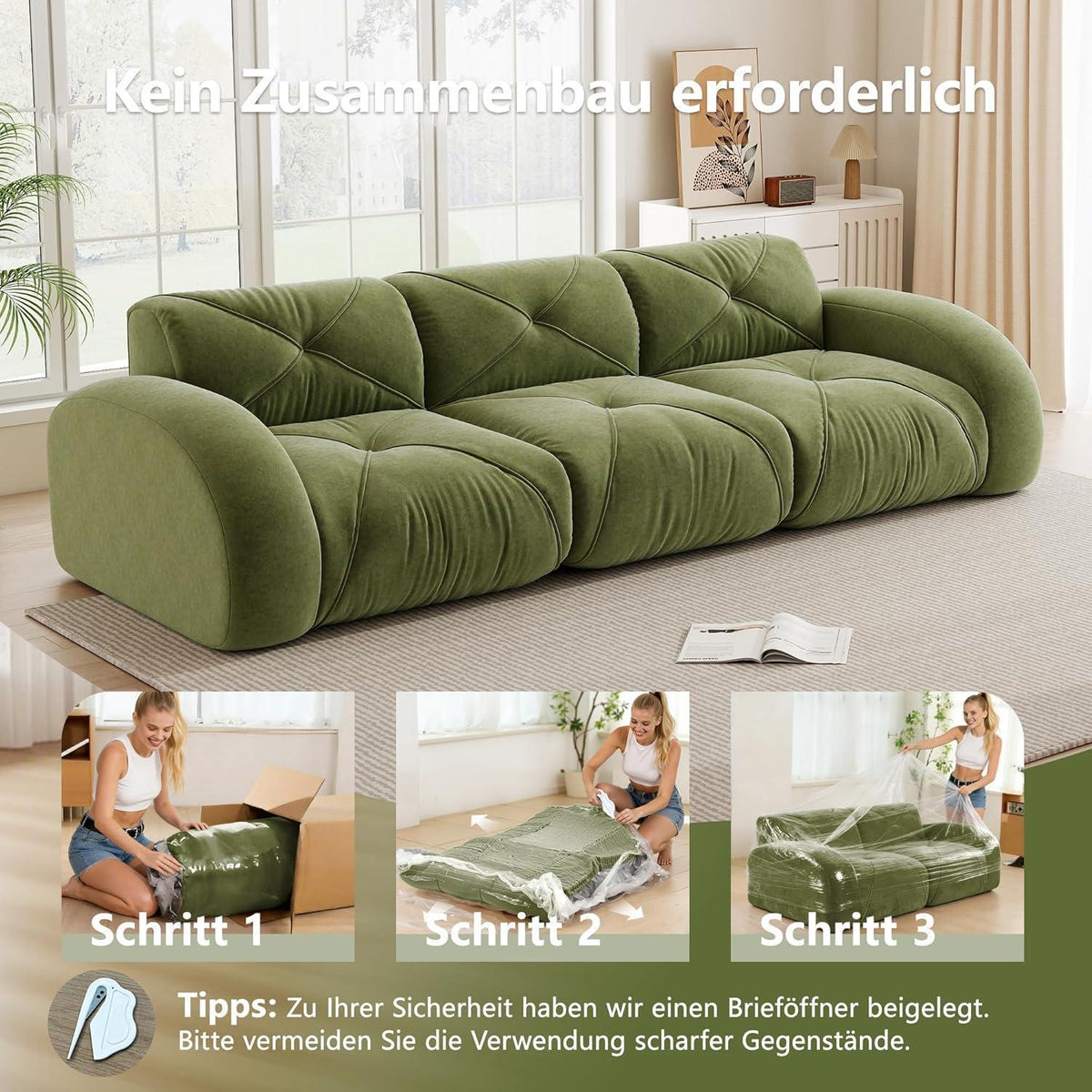 Modernes 3-Sitzer Cord Sofa Grün – Rahmenlos & Komfortabel