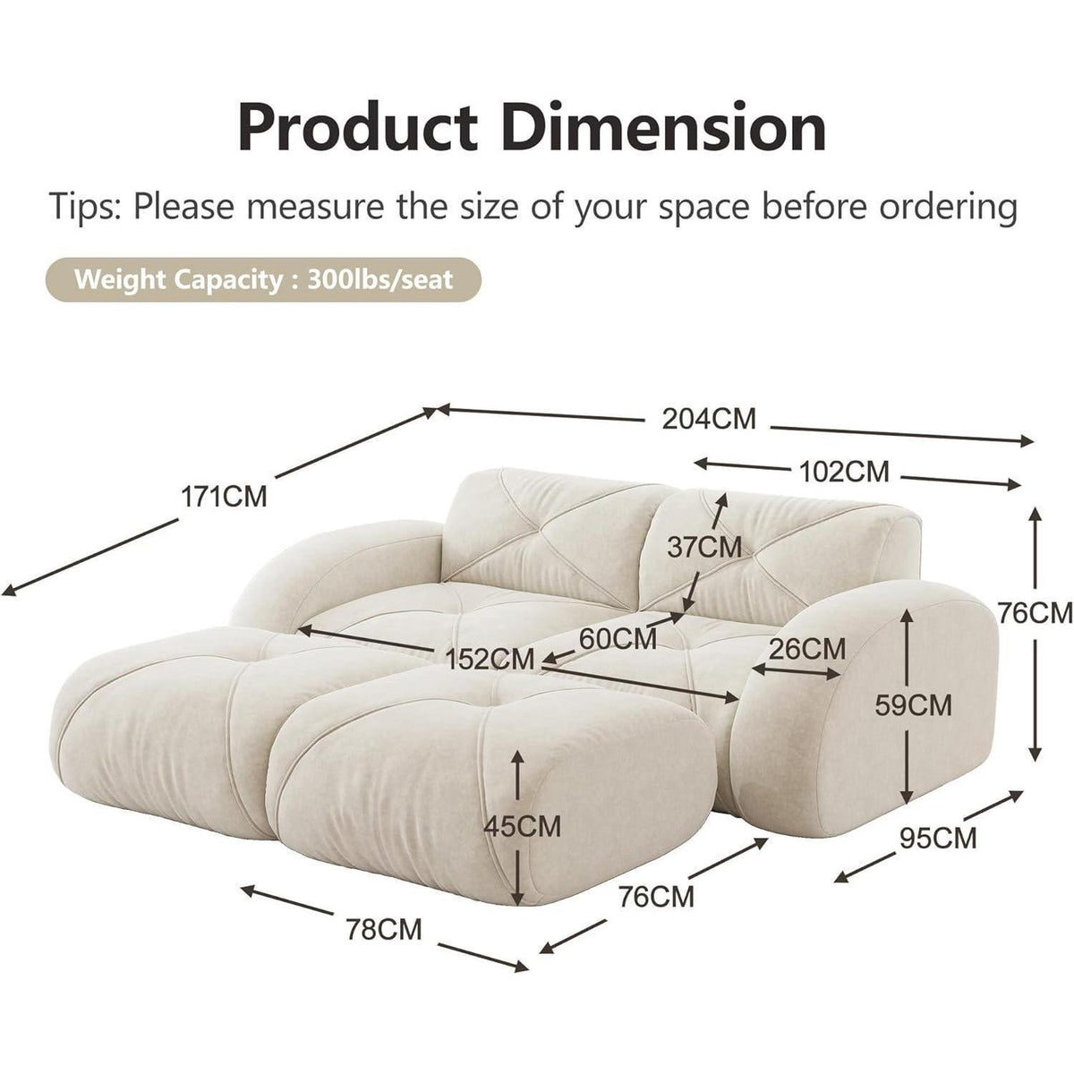 2-Sitzer Sofa mit Fußhocker – Chenille Schlafsofa Weiß