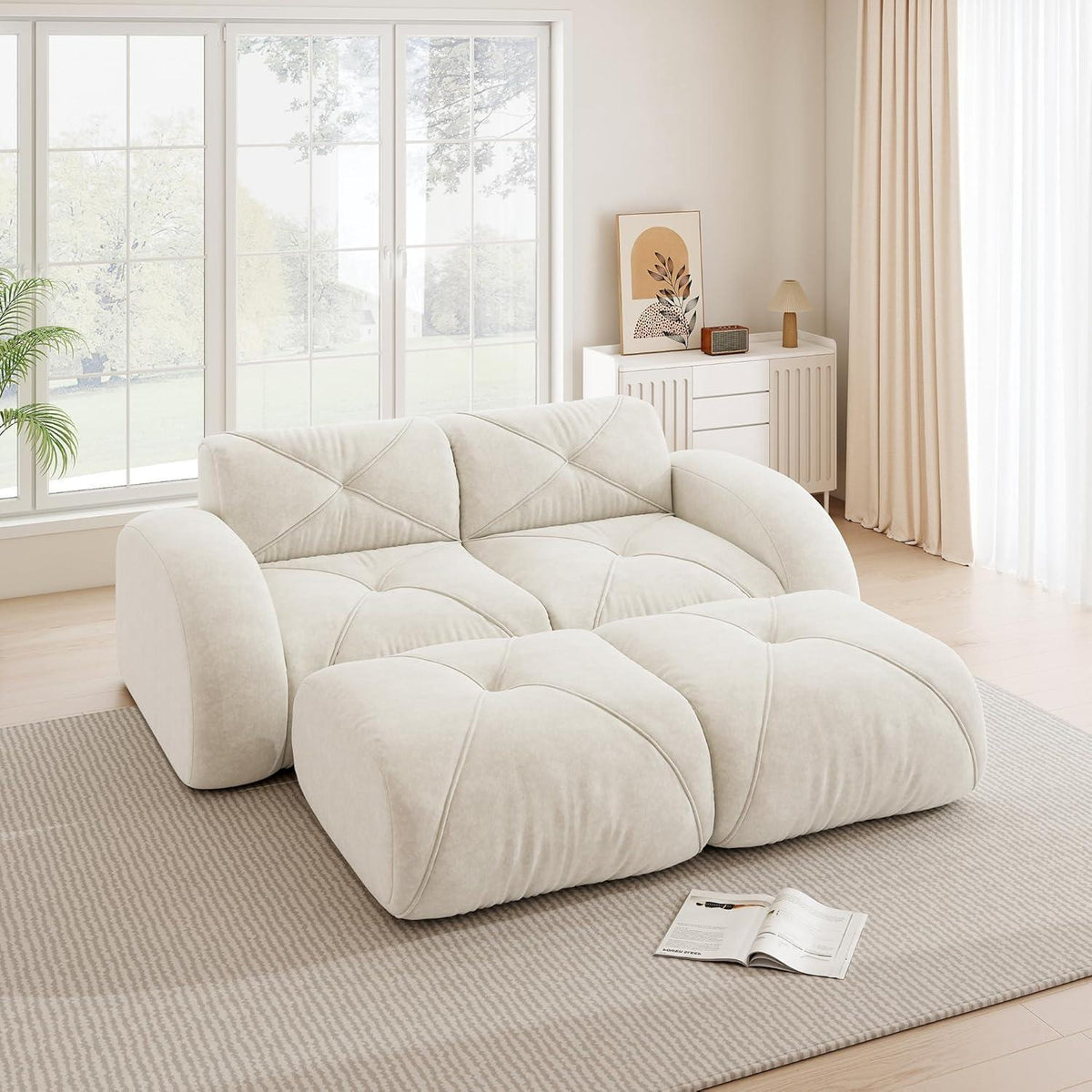 2-Sitzer Sofa mit Fußhocker – Chenille Schlafsofa Weiß
