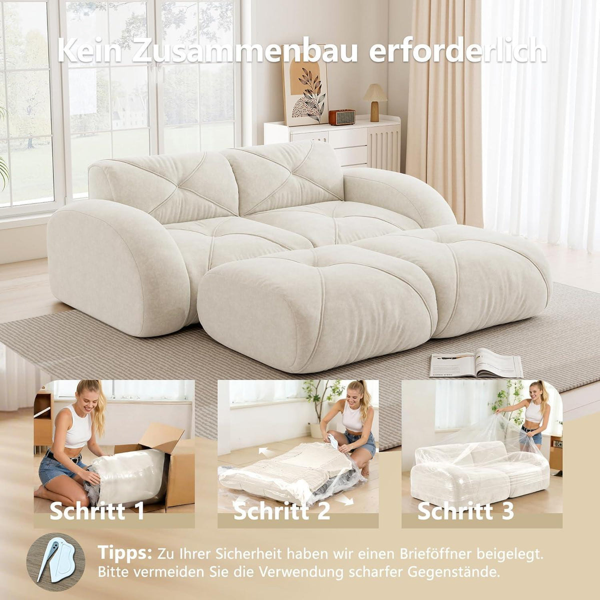 2-Sitzer Sofa mit Fußhocker – Chenille Schlafsofa Weiß