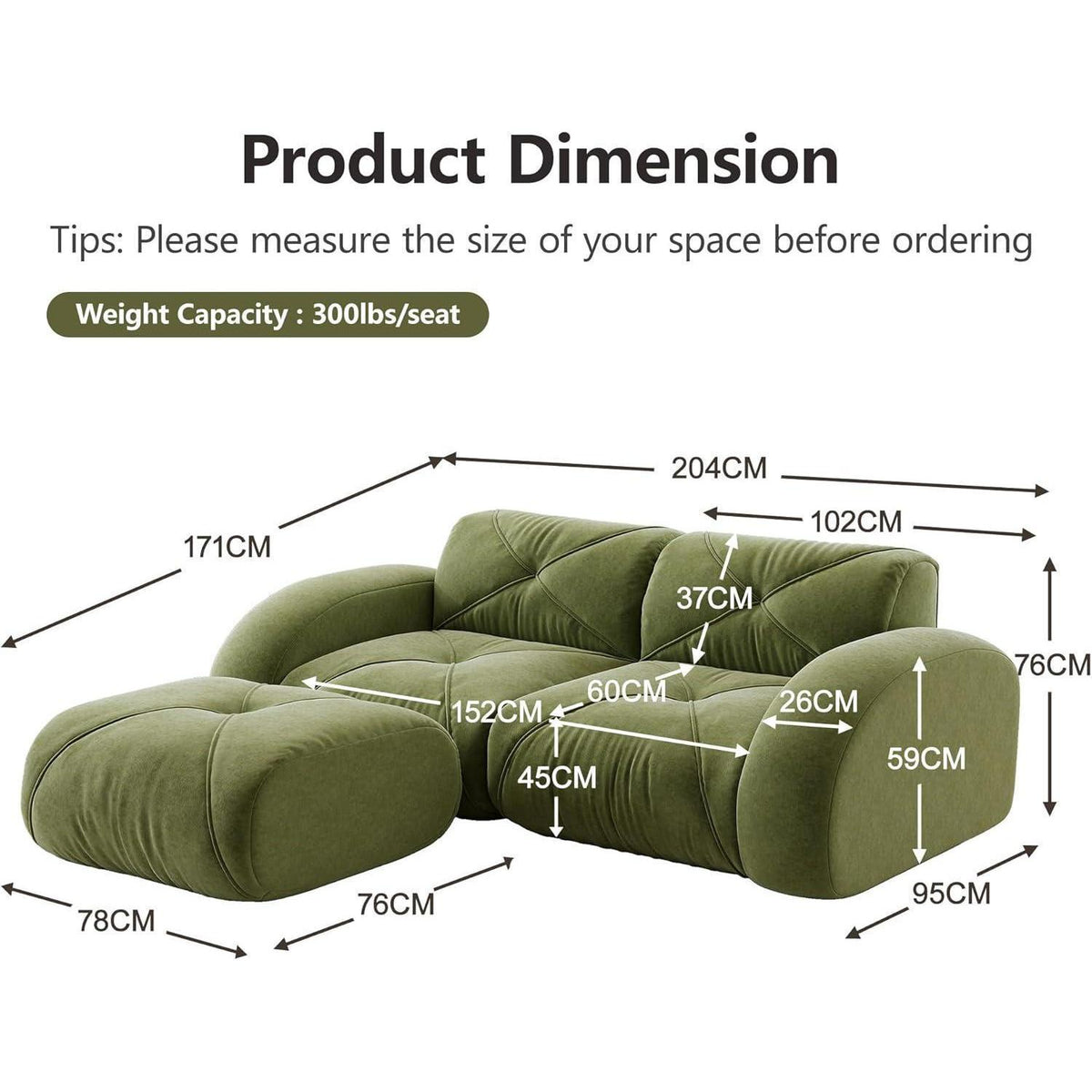 L-förmiges Ecksofa 2-Sitzer mit Fußhocker, Grün