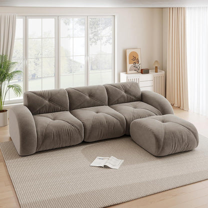 Modernes 3-Sitzer Cord Sofa mit Fußhocker – Braun