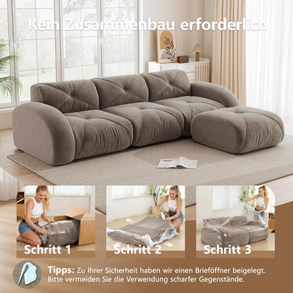 Modernes 3-Sitzer Cord Sofa mit Fußhocker – Braun