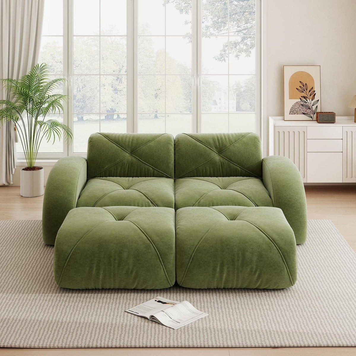 2-Sitzer Sofa mit Fußhocker – Rahmenlos, Grün