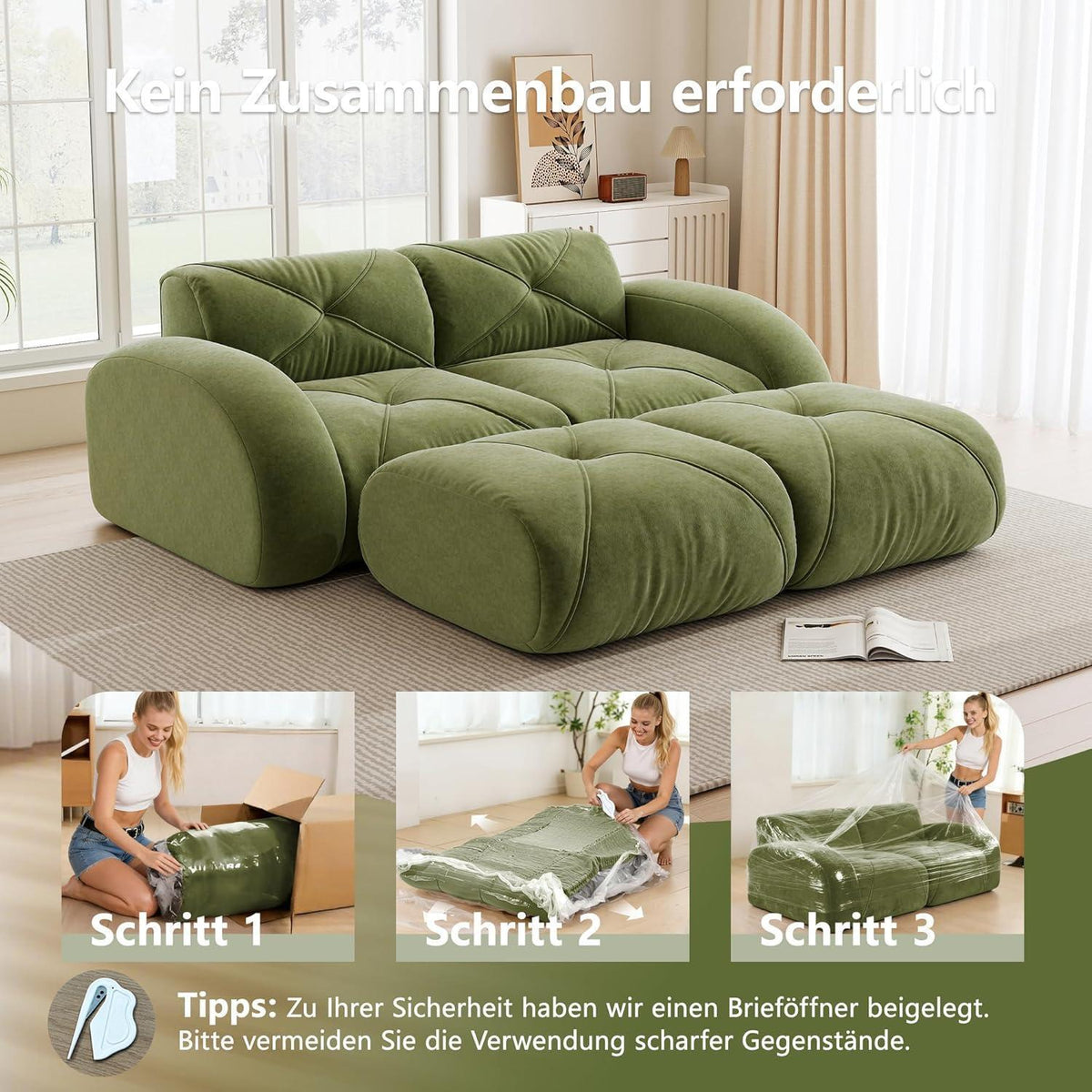 2-Sitzer Sofa mit Fußhocker – Rahmenlos, Grün