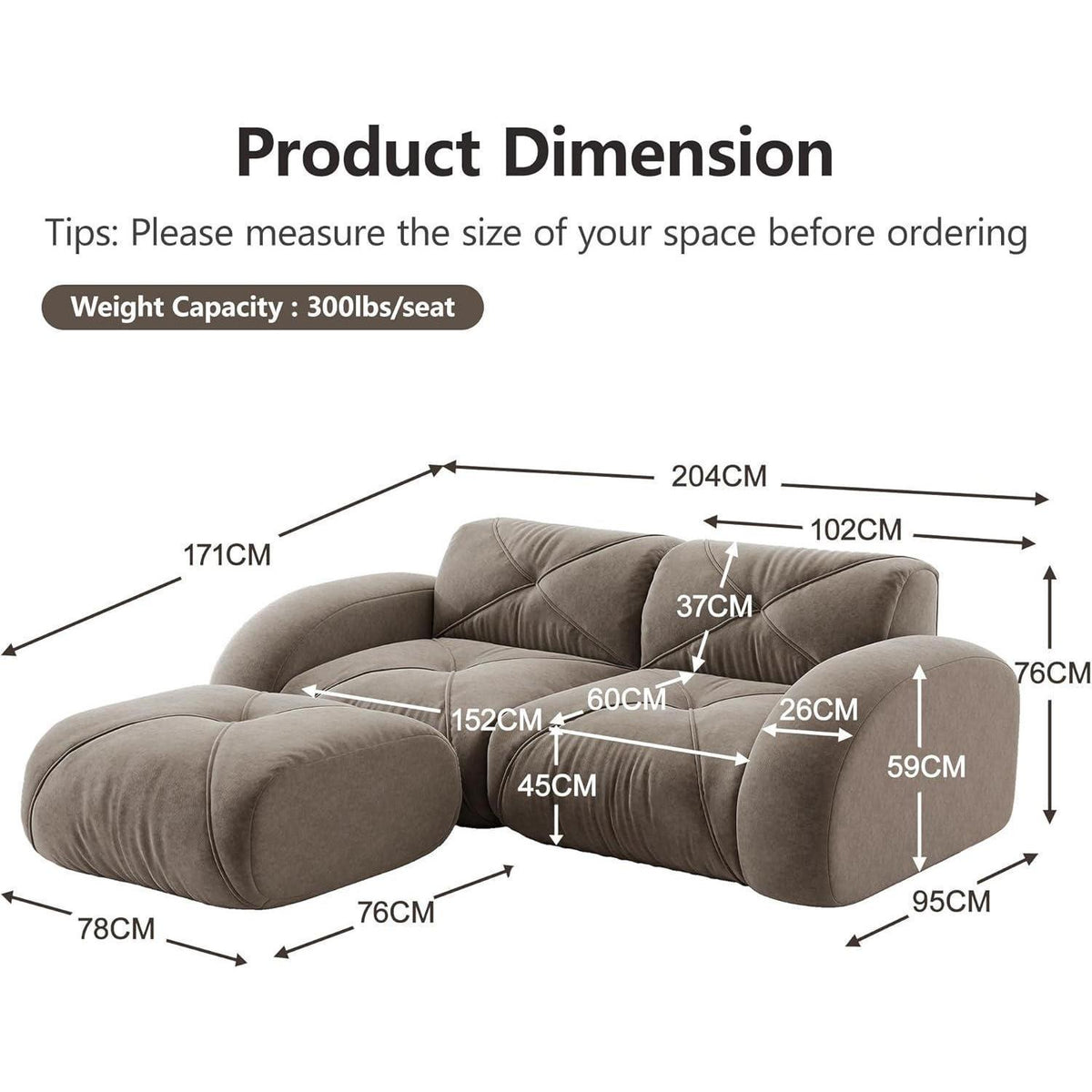 L-förmiges Ecksofa 2-Sitzer mit Fußhocker, Braun