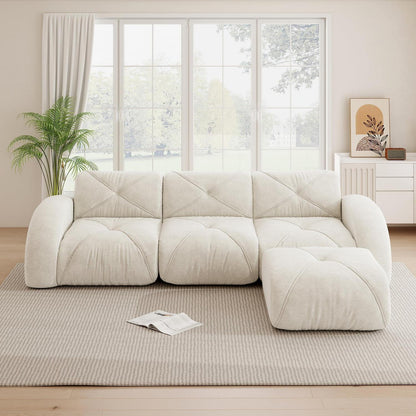 Modulares Cord Sofa 3-Sitzer mit Fußhocker – Weiß