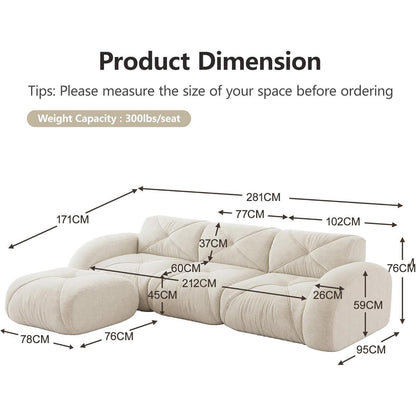 Modulares Cord Sofa 3-Sitzer mit Fußhocker – Weiß