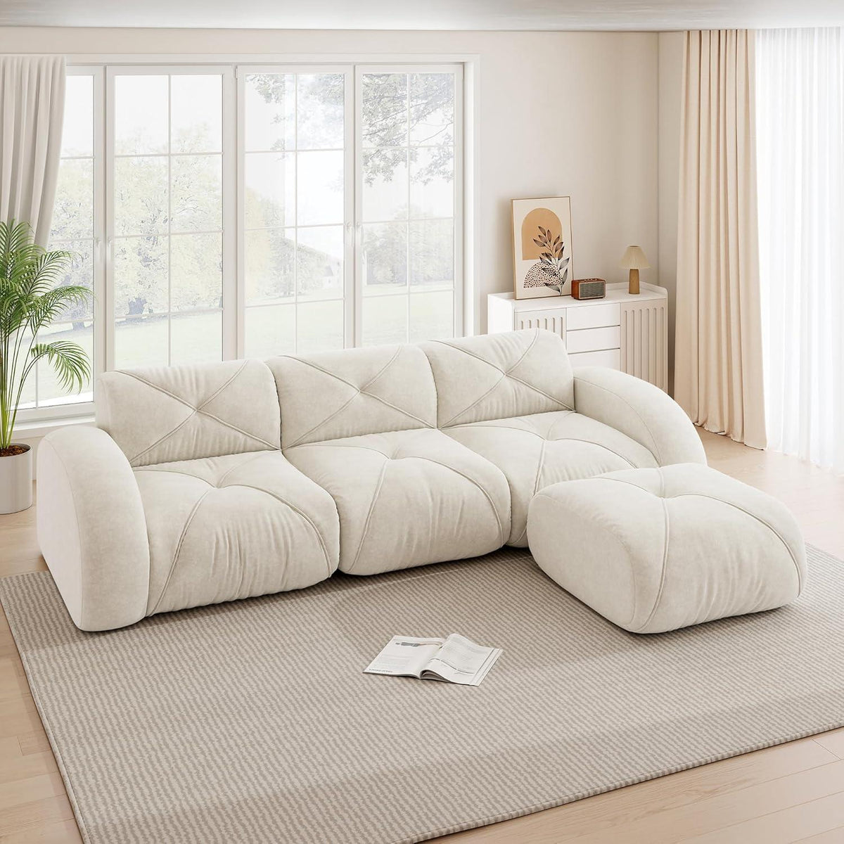 Modulares Cord Sofa 3-Sitzer mit Fußhocker – Weiß